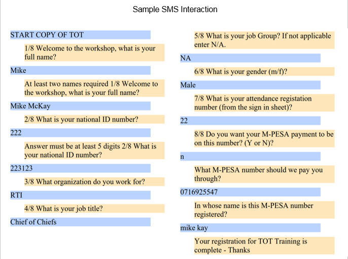 Image showing an example SMS interactive dialogue with Gooseberry.