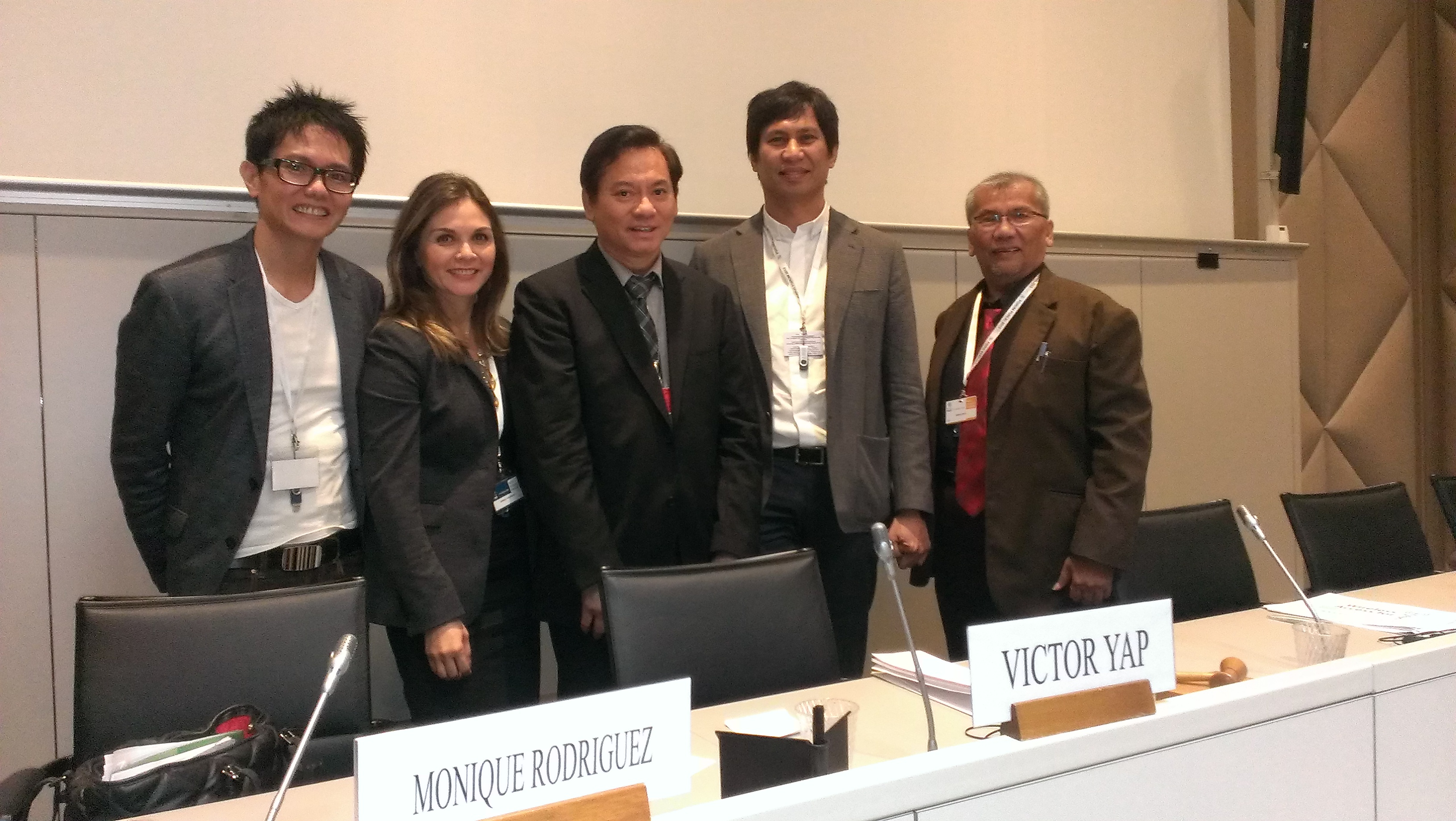 Filipe C. Canlas, Monique Rodriguez, Tarlac Province Governor Victor Yap, and Philippine Ambassador to the WTO, Esteban Cornejos Jr. discuss Wireless Access for Health at the World Trade Forum panel discussion on Re-inventing Innovation through Public-Private Partnership, October 2, 2013, Geneva, Switzerland.