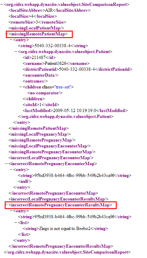 XML report that displays problems w/ sync