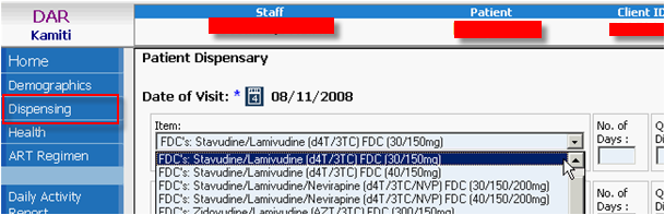 Screen display showing dispensing of ARV pharmaceuticals.