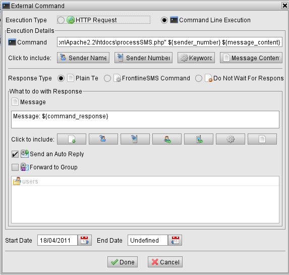 Screenshot of configuring a FrontlineSMS External Command