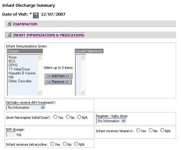 Infant Discharge Summary Immunization section