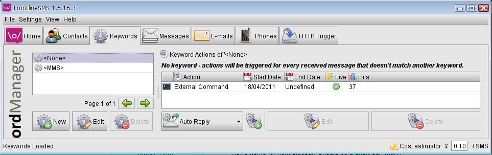 Screenshot of Keyword manager with an External Command