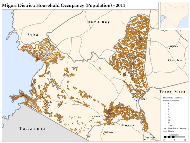 Map of Migori District: Household Occupancy (Population) - 2011.