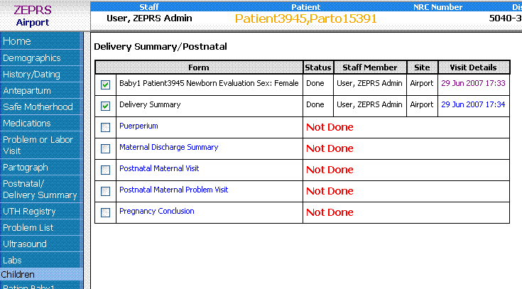 Mother's Delivery Summary task list