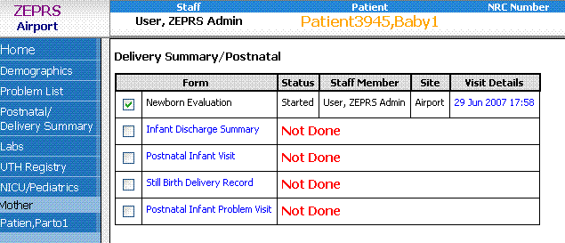 Newborn's Delivery Summary task list