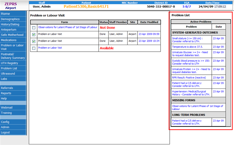 View of patient problem list