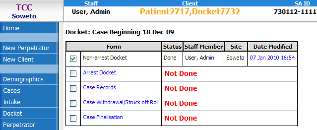 Task listing in TIMS featuring the Docket flow